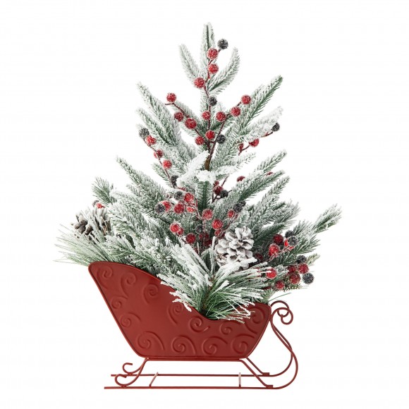 Glitzhome Glitzhome 21"H Christmas Red Sleigh Frosted Floral Centerpiece