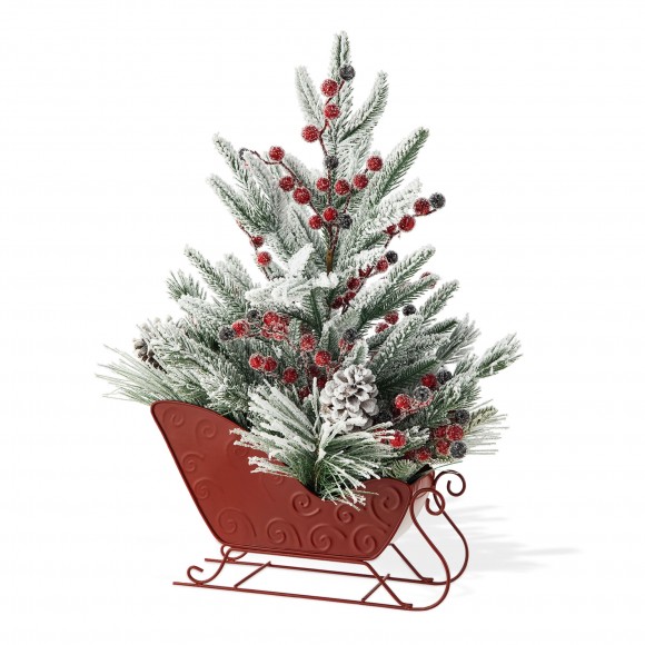glitzhome Glitzhome 21"H Christmas Red Sleigh Frosted Floral Centerpiece
