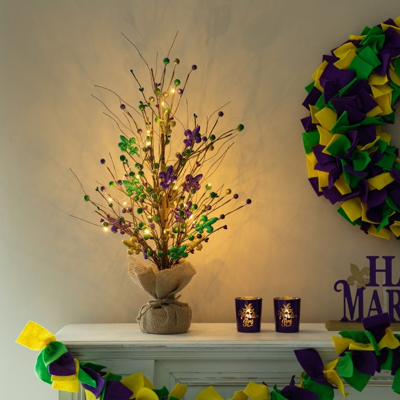 Glitzhome Glitzhome 21"H Lighted Mardi Gras Fleur-de-Lis & Berry Table Tree