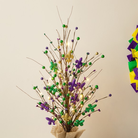 Glitzhome Glitzhome 21"H Lighted Mardi Gras Fleur-de-Lis & Berry Table Tree