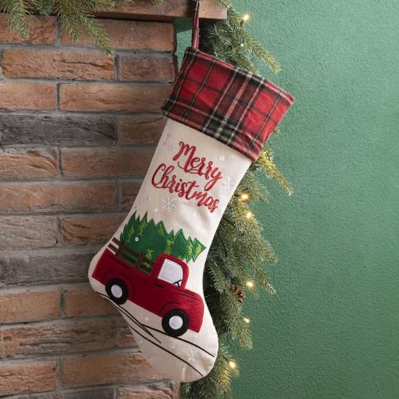 Glitzhome Glitzhome 21''L Embroidered Linen Christmas Stocking - Red Truck