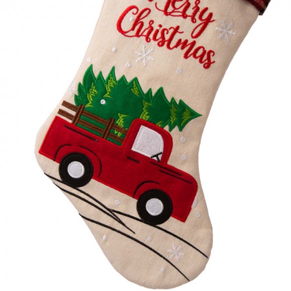 Glitzhome Glitzhome 21''L Embroidered Linen Christmas Stocking - Red Truck