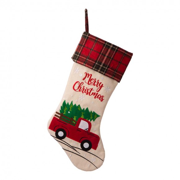 glitzhome Glitzhome 21''L Embroidered Linen Christmas Stocking - Red Truck