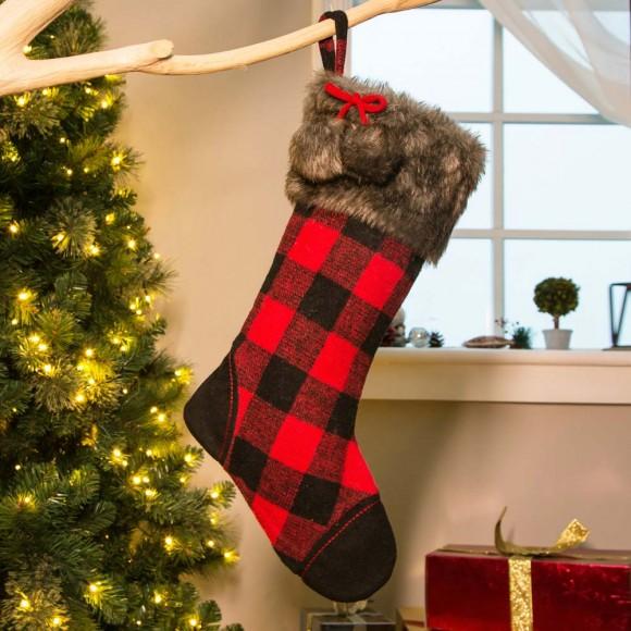 Glitzhome Glitzhome 21"L Fur Black/Red Buffalo Plaid Stocking
