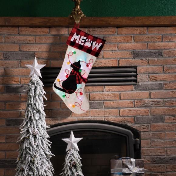 Glitzhome Glitzhome 21''L LED Embroidered Linen Christmas Stocking - Cat