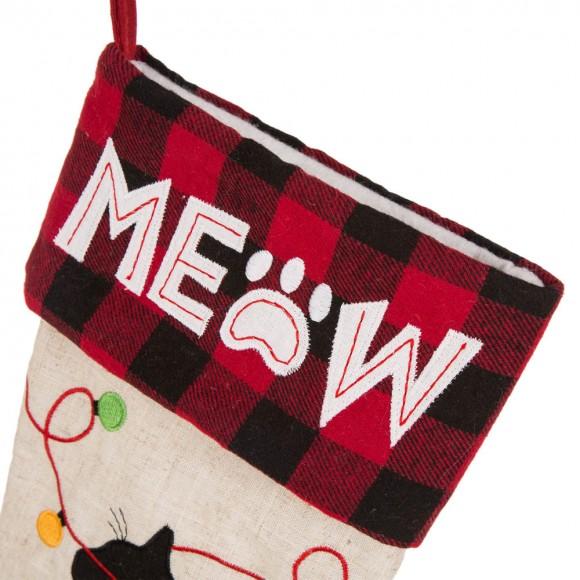 Glitzhome Glitzhome 21''L LED Embroidered Linen Christmas Stocking - Cat