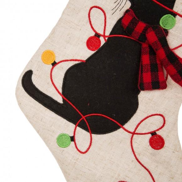 Glitzhome Glitzhome 21''L LED Embroidered Linen Christmas Stocking - Cat