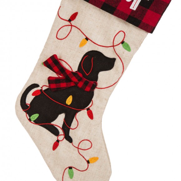 Glitzhome Glitzhome 21''L LED Embroidered Linen Christmas Stocking - Dog