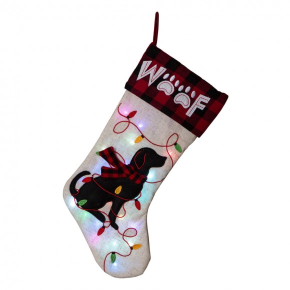glitzhome Glitzhome 21''L LED Embroidered Linen Christmas Stocking - Dog
