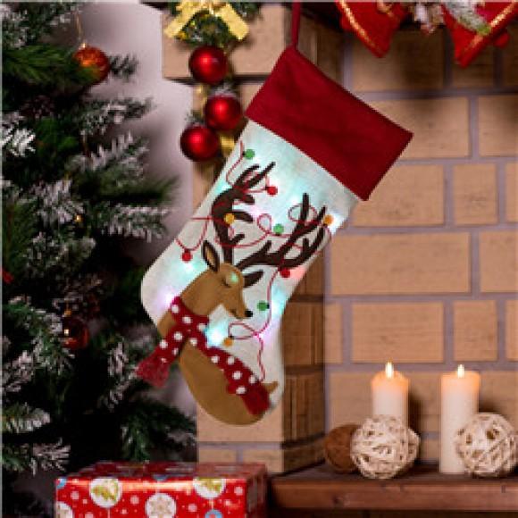 Glitzhome Glitzhome 21''L LED Embroidered Linen Christmas Stocking - Reindeer