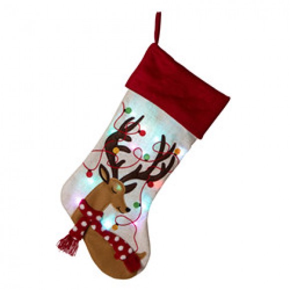 glitzhome Glitzhome 21''L LED Embroidered Linen Christmas Stocking - Reindeer