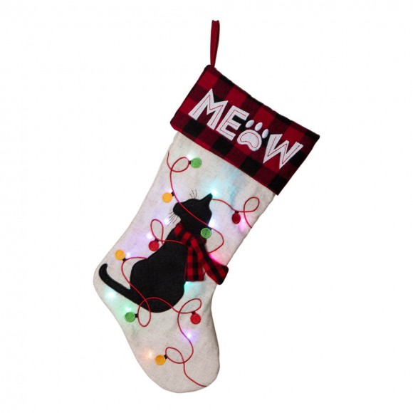 glitzhome Glitzhome 21''L LED Embroidered Linen Christmas Stocking - Cat