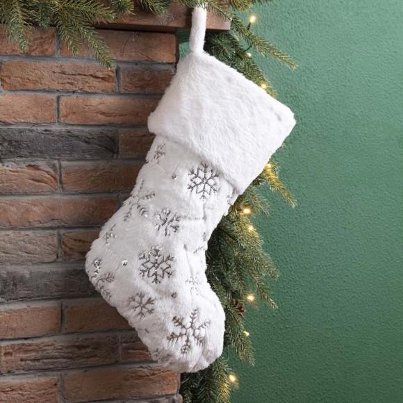 Glitzhome Glitzhome 21"L White Plush With Snowflake Christmas Stocking