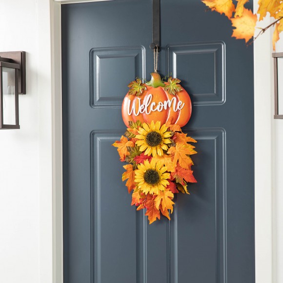 Glitzhome Glitzhome 22.5"H Fall Metal Pumpkin & Sunflower Swag Wall Decor