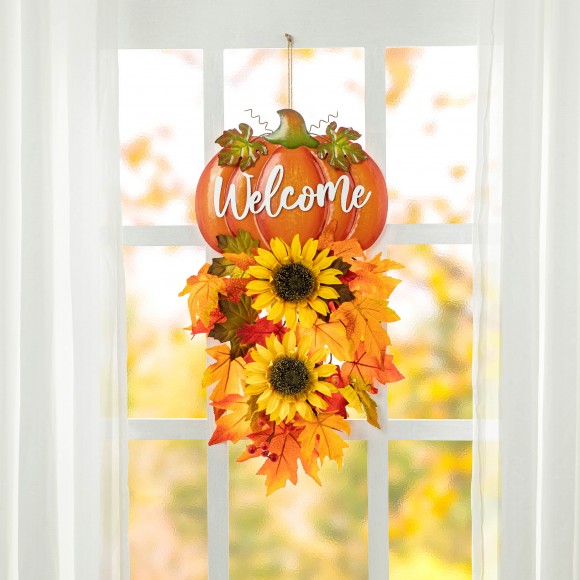 Glitzhome Glitzhome 22.5"H Fall Metal Pumpkin & Sunflower Swag Wall Decor