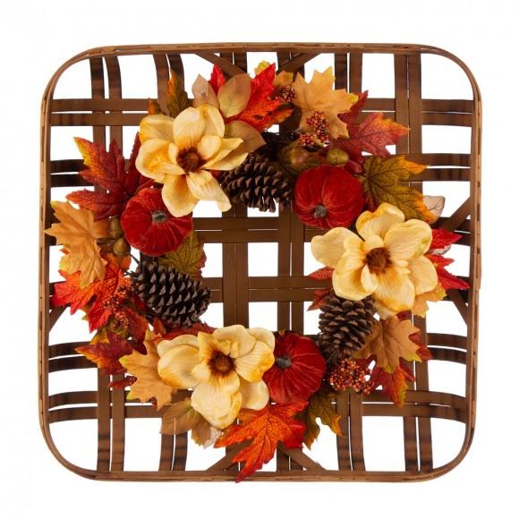 glitzhome Glitzhome 22"D Blooming Magnolia Wreath With 24"L Bamboo Basket