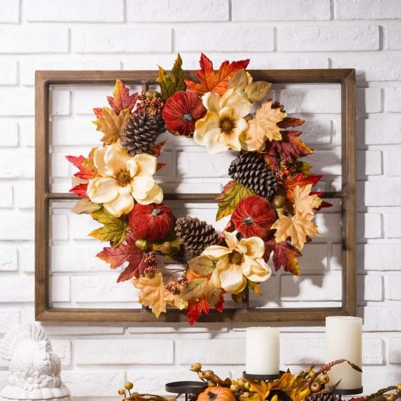 Glitzhome Glitzhome 22"D Blooming Magnolia Wreath With 28"L Wooden Window Frame