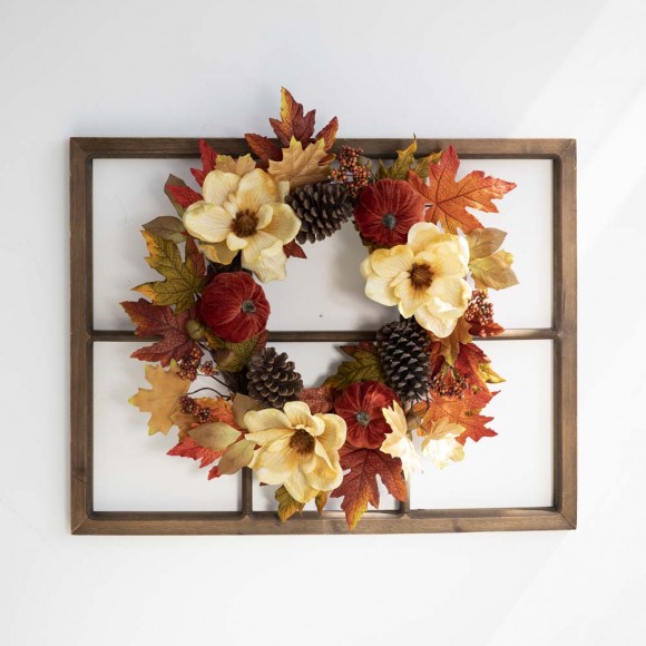 Glitzhome Glitzhome 22"D Blooming Magnolia Wreath With 28"L Wooden Window Frame