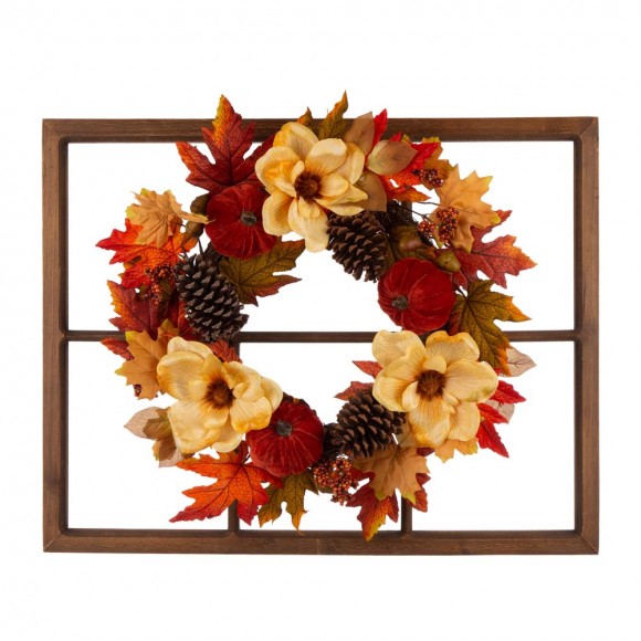 glitzhome Glitzhome 22"D Blooming Magnolia Wreath with 28"L Wooden Window Frame