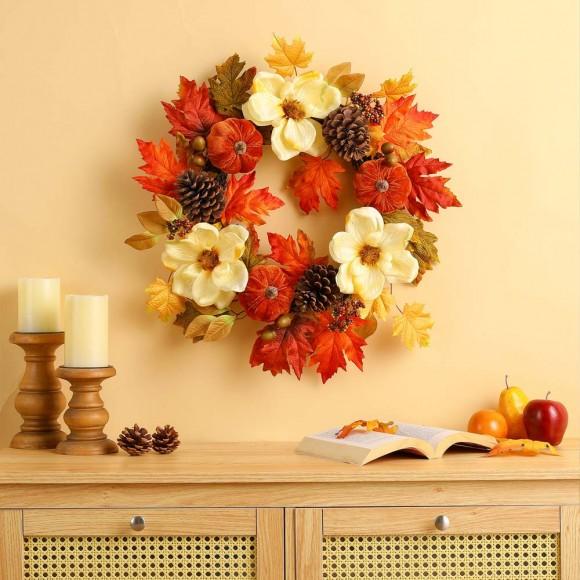 Glitzhome Glitzhome 22"D Blooming Magnolia Wreath With Velvet Pumpkin And Pinecone