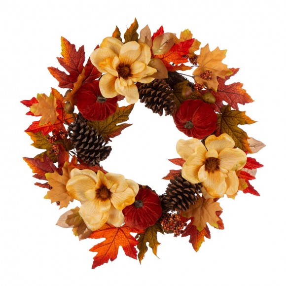 glitzhome Glitzhome 22"D Blooming Magnolia Wreath with Velvet Pumpkin and Pinecone