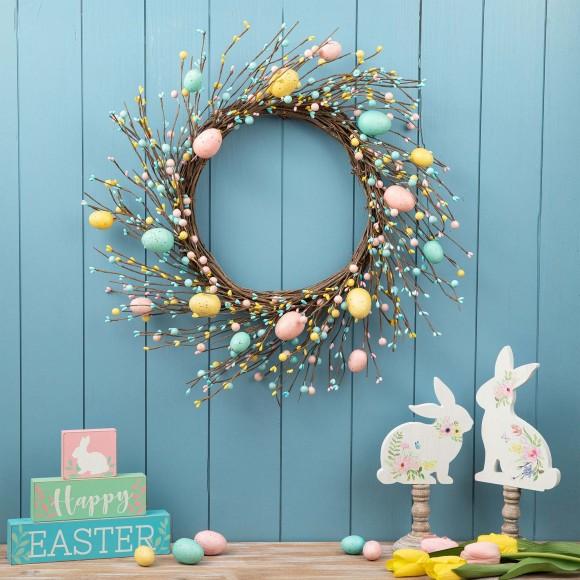Glitzhome Glitzhome 22"D Easter Eggs Wreath With Flower Buds