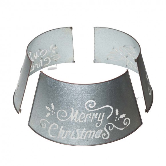Glitzhome Glitzhome 22"D Galvanized "Merry Christmas" Cutout Metal Tree Collar With Light String