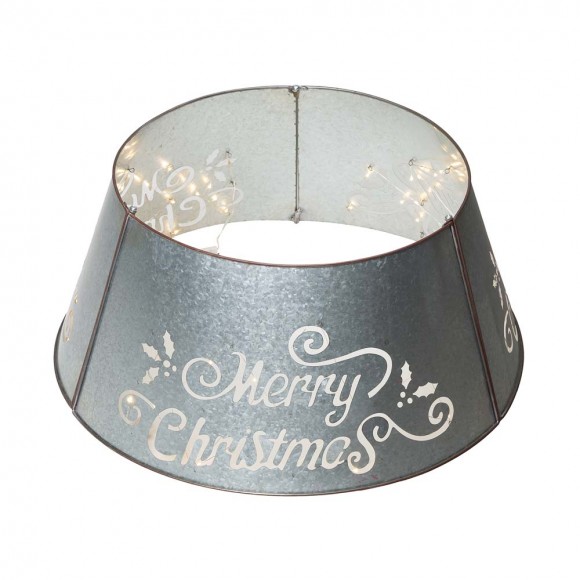 glitzhome Glitzhome 22"D Galvanized "Merry Christmas" Cutout Metal Tree Collar with Light String