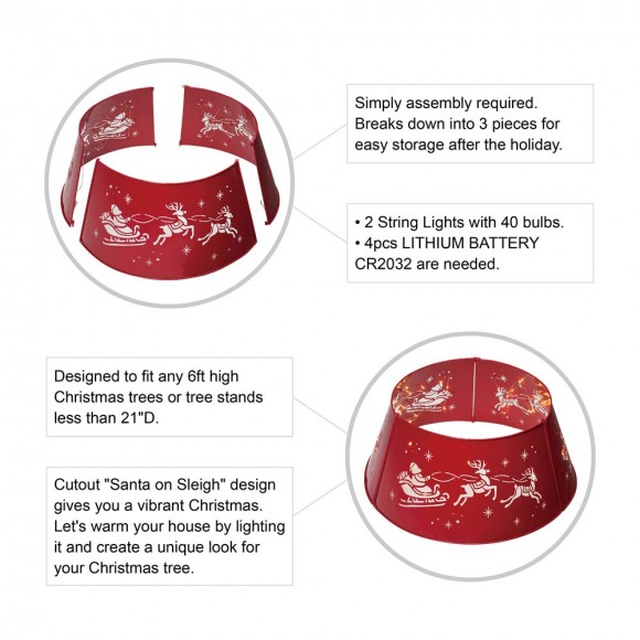 Glitzhome Glitzhome 22"D Galvanized Metal Santa On Sleigh Tree Collar With Light String