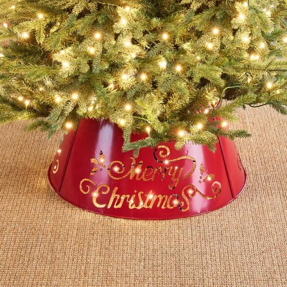 Glitzhome Glitzhome 22"D Red "Merry Christmas" Cutout Metal Tree Collar With Light String