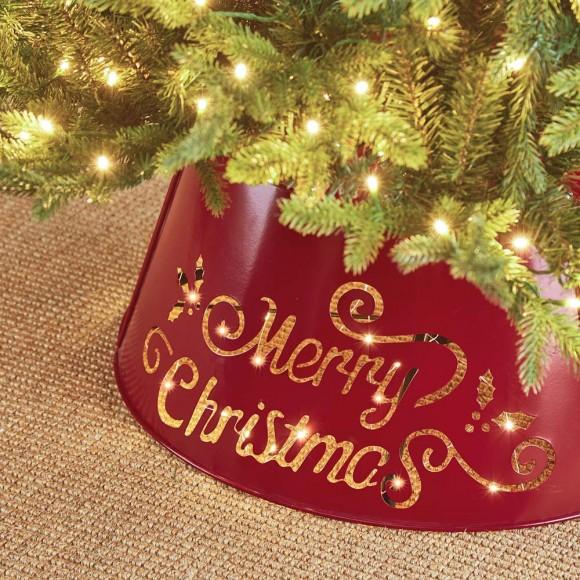 Glitzhome Glitzhome 22"D Red "Merry Christmas" Cutout Metal Tree Collar With Light String