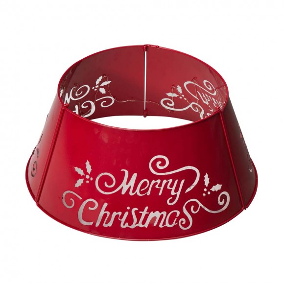 Glitzhome Glitzhome 22"D Red "Merry Christmas" Cutout Metal Tree Collar With Light String