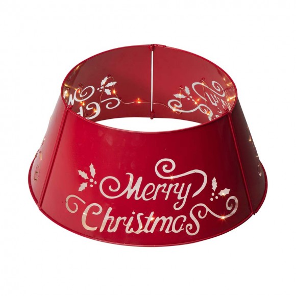glitzhome Glitzhome 22"D Red "Merry Christmas" Cutout Metal Tree Collar with Light String
