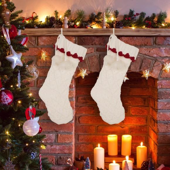 Glitzhome Glitzhome 22"L Knitted Polyester White Christmas Stocking With Red Trim & Pompom Set Of 2