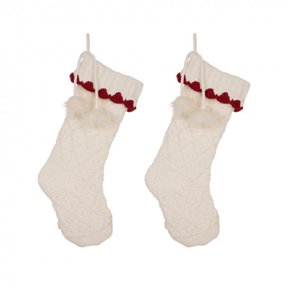 glitzhome Glitzhome 22"L Knitted Polyester White Christmas Stocking With Red Trim & Pompom Set of 2