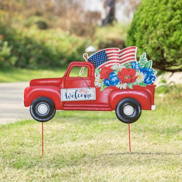 Glitzhome Glitzhome 23.5"L Metal Patriotic/Americana Red Truck Yard Stake Or Wall Décor (Two Functions)