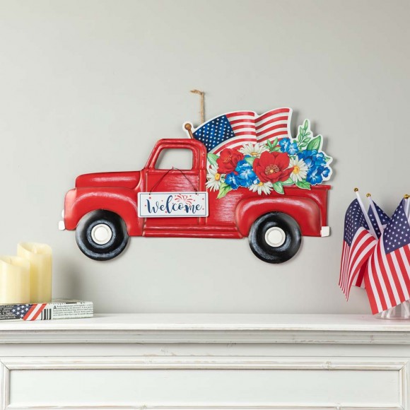 Glitzhome Glitzhome 23.5"L Metal Patriotic/Americana Red Truck Yard Stake Or Wall Décor (Two Functions)