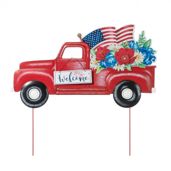 glitzhome Glitzhome 23.5"L Metal Patriotic/Americana Red Truck Yard Stake or Wall Décor (Two Functions)