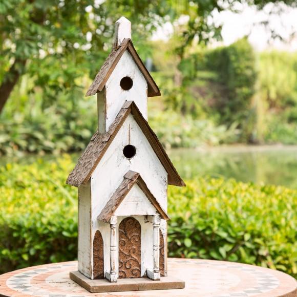 Glitzhome Glitzhome 23.62"H Extra-Large Rustic Tall Church Hand Painted Wood White Birdhouse