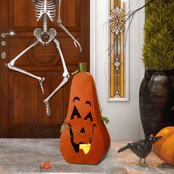 Glitzhome Glitzhome 23.62"H Halloween Metal Jack-O-Lantern With LED Pillar