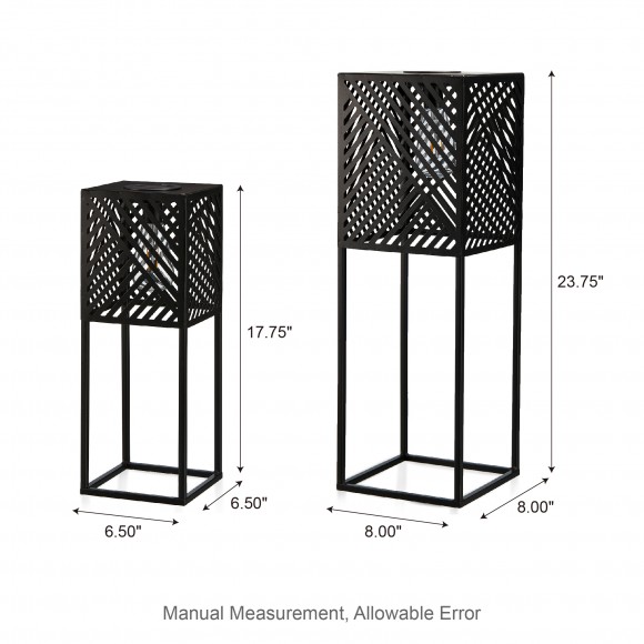 Glitzhome Glitzhome 23.75"H / 17.75"H Set Of 2 Black Metal Stripes Geometric Solar Powered Edison Bulb Outdoor Floor Lantern Or Planter Stands