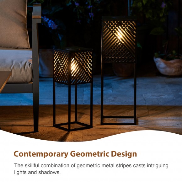 Glitzhome Glitzhome 23.75"H / 17.75"H Set Of 2 Black Metal Stripes Geometric Solar Powered Edison Bulb Outdoor Floor Lantern Or Planter Stands