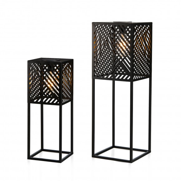 glitzhome Glitzhome 23.75"H / 17.75"H Set of 2 Black Metal Stripes Geometric Solar Powered Edison Bulb Outdoor Floor Lantern or planter stands