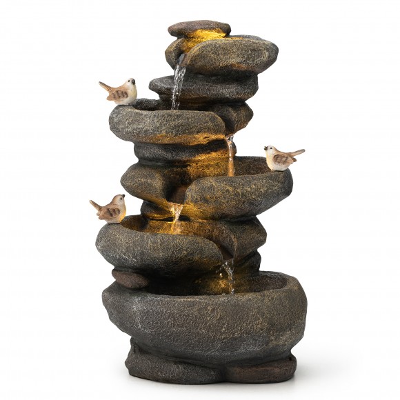 glitzhome Glitzhome 23"H Natural 5-Tiered Stacked Stone Polyresin Outdoor Fountain with Birds Pump and LED Light (KD)