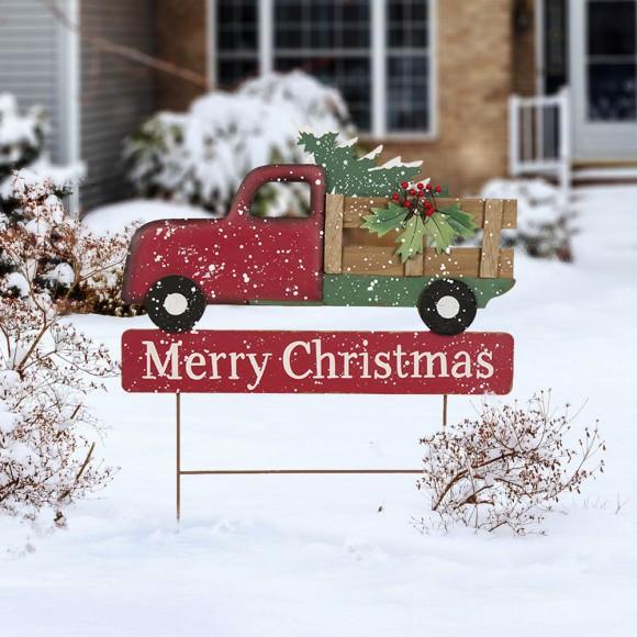 Glitzhome Glitzhome 24.02"H Metal/Wooden Christmas Truck Yard Stack Or Wall Décor (Two Function)
