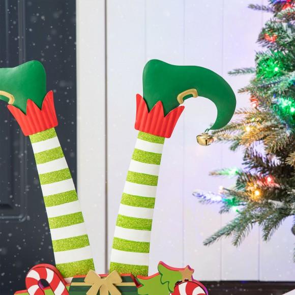 Glitzhome Glitzhome 24.5"H Christmas Wooden/Metal Elf Legs In Gift Box Porch Decor(KD)