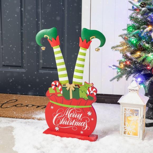 Glitzhome Glitzhome 24.5"H Christmas Wooden/Metal Elf Legs In Gift Box Porch Decor(KD)