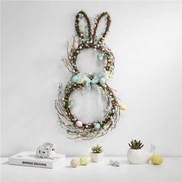 Glitzhome Glitzhome 24.5"H Easter Bunny Shaped Wreath With Eggs & Blue Satin Ribbon Bow