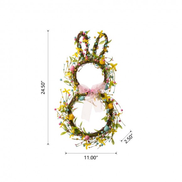 Glitzhome Glitzhome 24.5"H Easter Bunny Shaped Wreath With Eggs & Pink Satin Ribbon Bow
