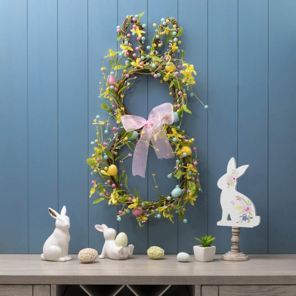 Glitzhome Glitzhome 24.5"H Easter Bunny Shaped Wreath With Eggs & Pink Satin Ribbon Bow